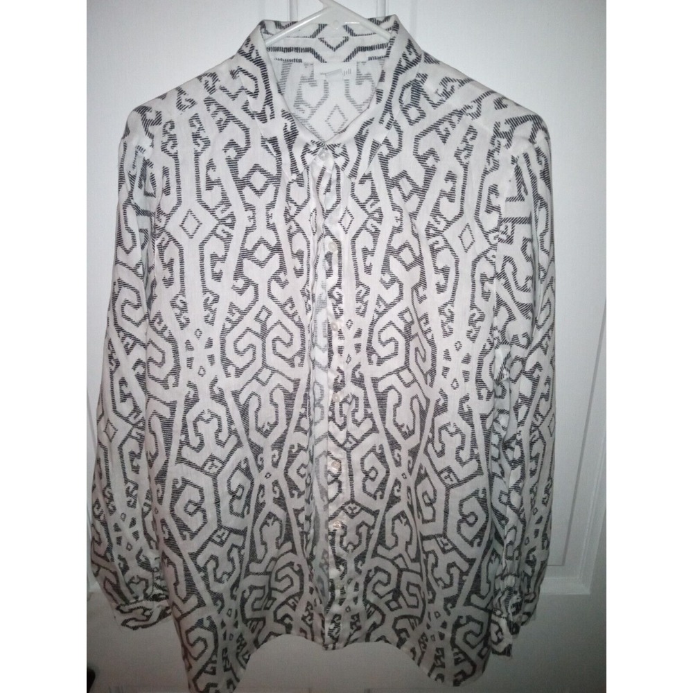 J Jill Blouse Womens L White Paisley Love Linen Button Up Nautical Coastal Beach